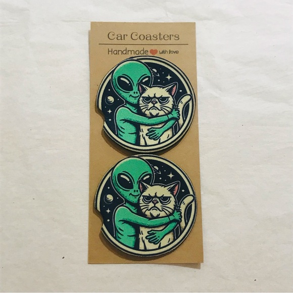 Handmade Other - Alien Hugging Grumpy Cat Neoprene Car Coasters Set Handmade